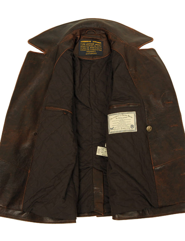 Men's brown leather pea coat, unbuttoned, showing the lining and inside pockets.