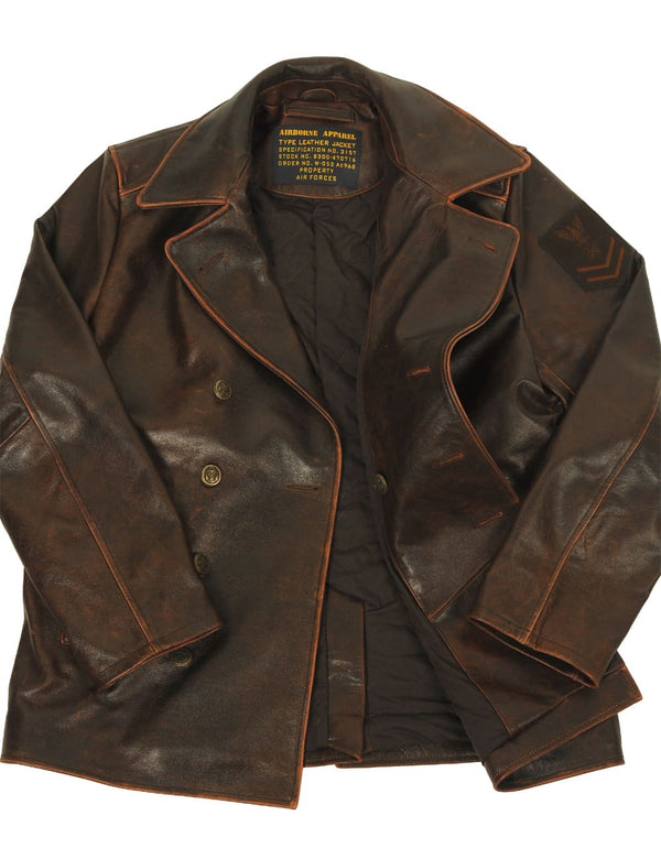 Men's brown leather pea coat, unbuttoned.