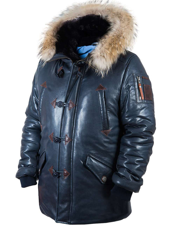 Men's blue leather parka.