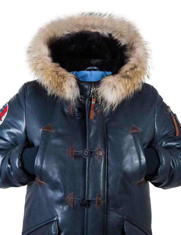 Front view of men's blue leather parka with raccoon fur trimmed hood.