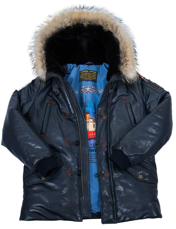 Men's blue leather parka with insulated fur collar, unbuttoned.