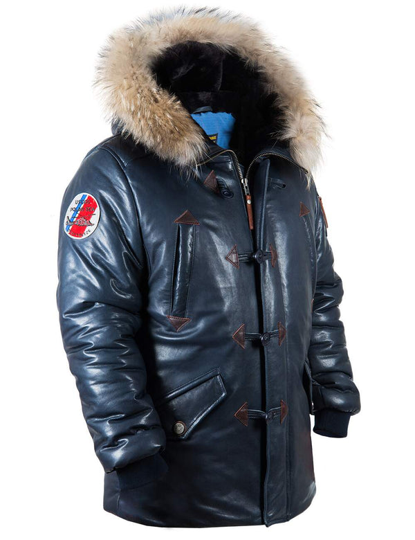 Men's blue leather parka with hood.