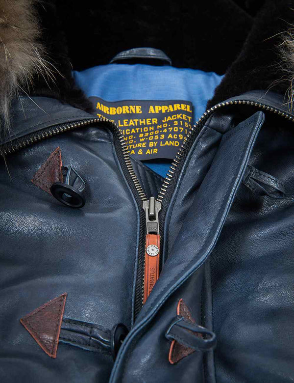 Metal zipper on men's blue leather parka with insulated fur collar.