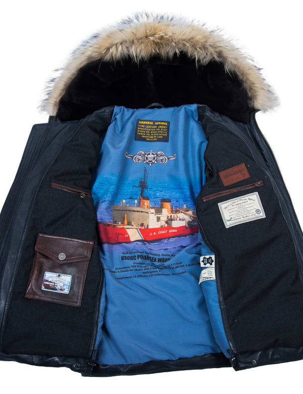 Men's blue leather parka with raccoon fur trimmed hood, unbuttoned, revealing bright lining and interior pockets.
