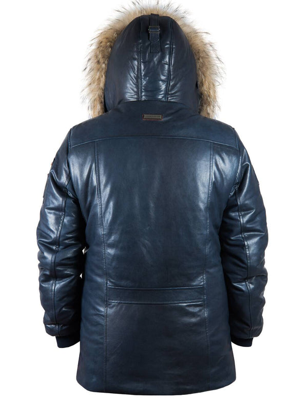 Men's blue leather parka with raccoon fur trimmed hood, back view.