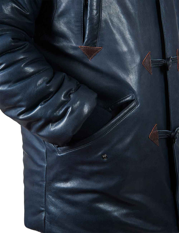 Lower pocket and right sleeve of men's blue leather parka.