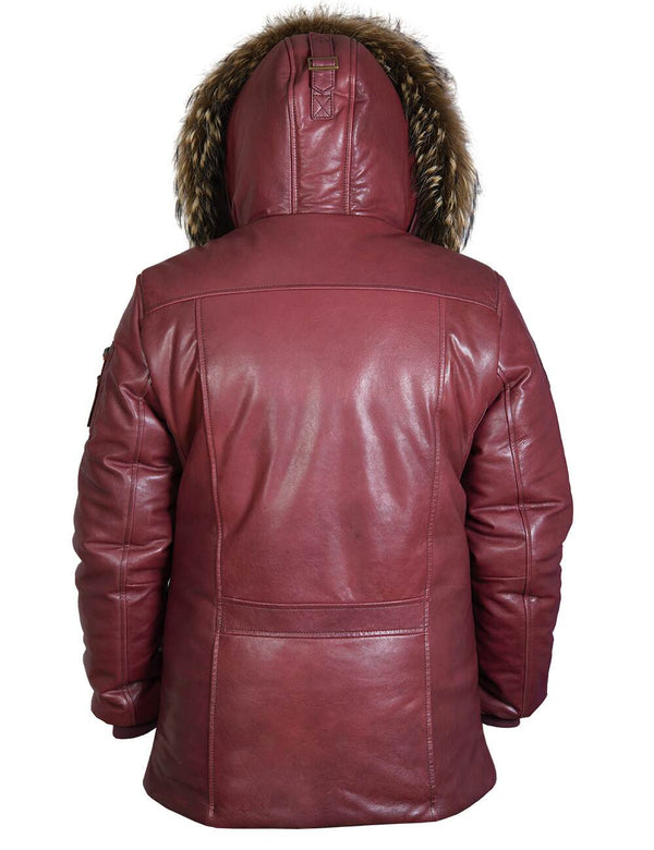 Back view of a men's burgundy leather jacket with a raccoon fur trimmed hood.