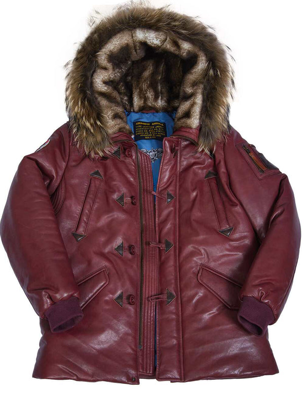 Men's burgundy leather down jacket unbuttoned with a sheepskin-lined hood and the colored patch on the right sleeve, front view.