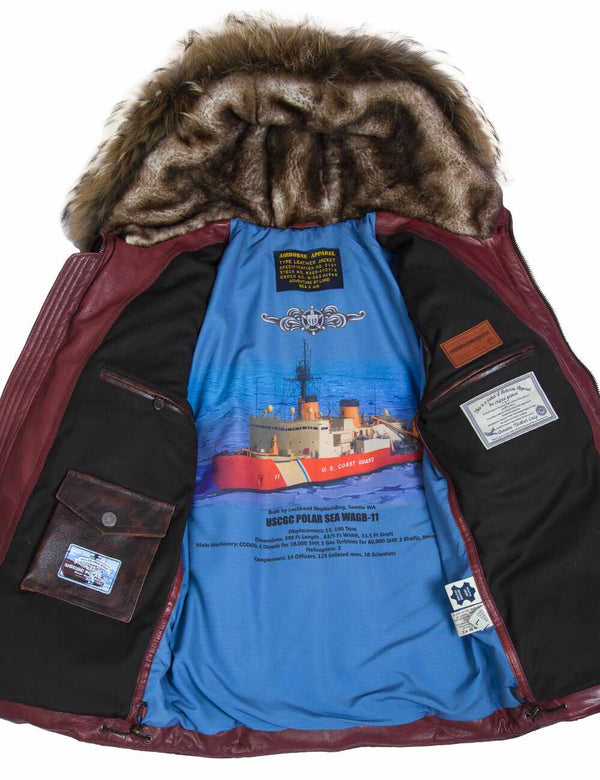 Unbuttoned men's leather jacket in burgundy color with a hood lined with sheepskin, blue lining with an image of a ship.