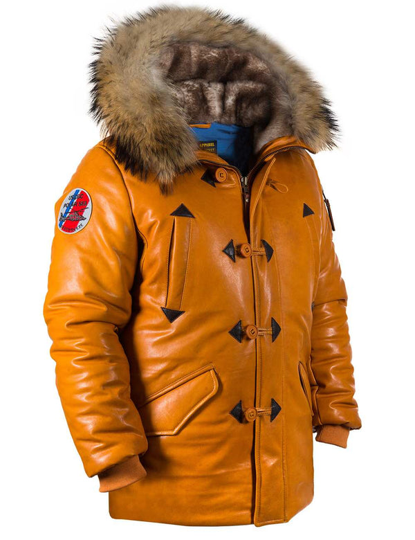 Men's orange leather down jacket.