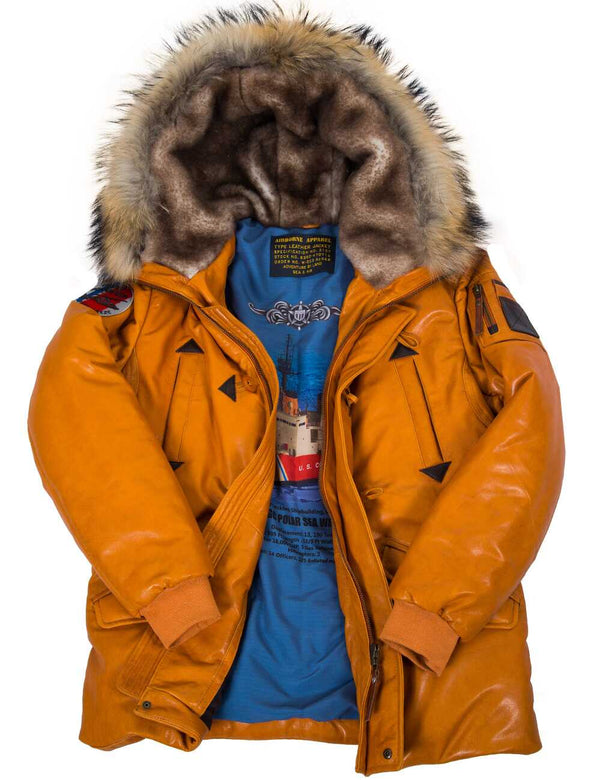 Men's orange leather down jacket with a sheepskin-lined hood and the patches on the sleeves, unbuttoned, front view.