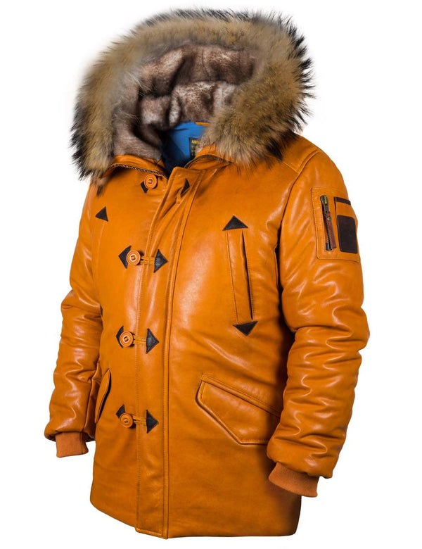 Men's orange leather down jacket.