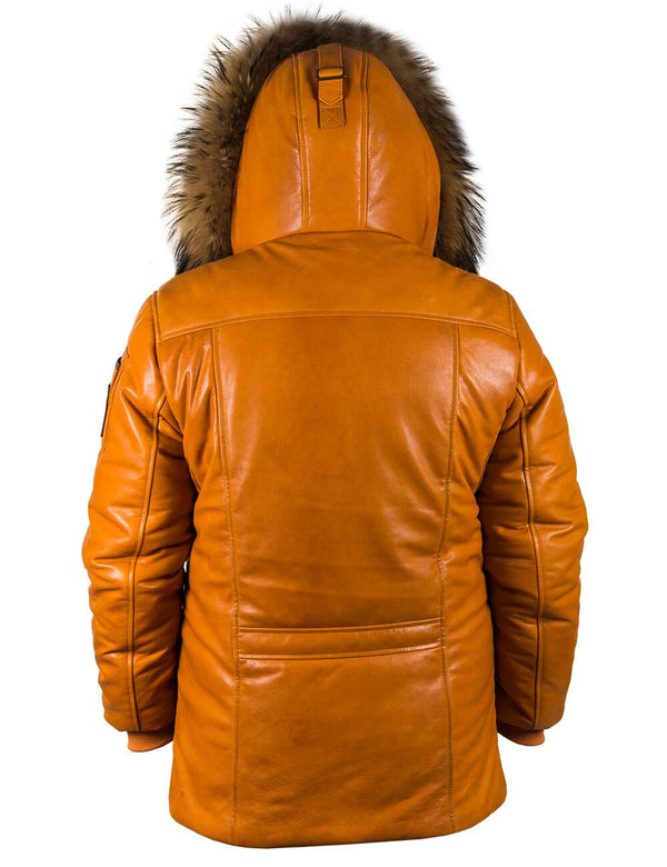 Men's orange leather down jacket with sheepskin-lined hood on, back view.