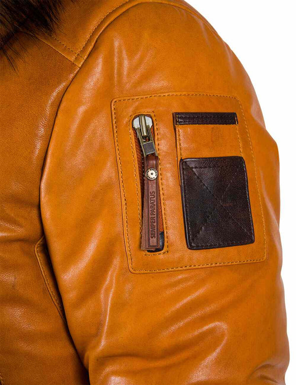 A utility pocket with a zipper on the left sleeve of a men's orange leather down jacket.