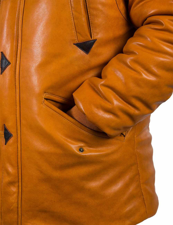 The lower left part of a men's orange leather down jacket. The sleeve is in the lower pocket.