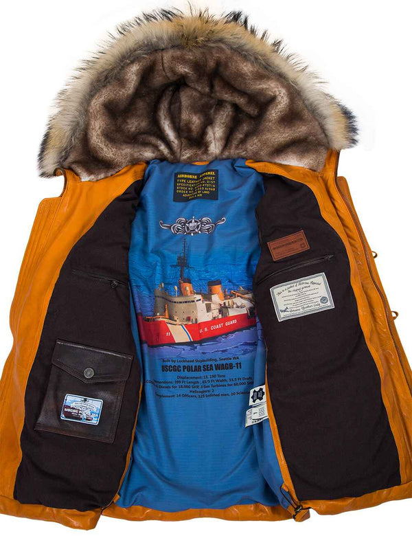 Men's orange leather down jacket with sheepskin-lined hood, unbuttoned. You can see the inner lining with a bright print and pockets.