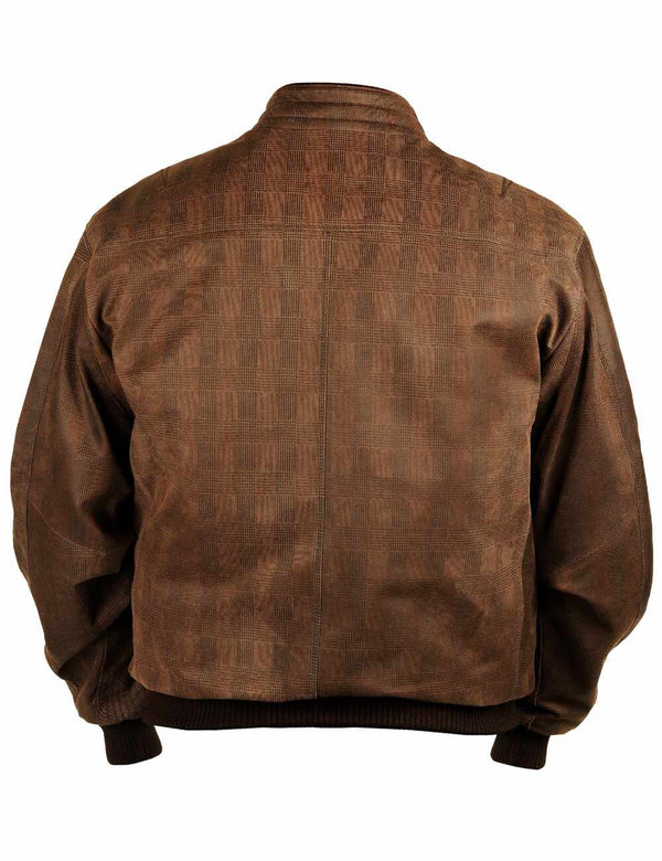 Back of men's brown leather jacket.