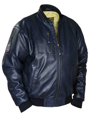 Men's dark blue perforated leather jacket.