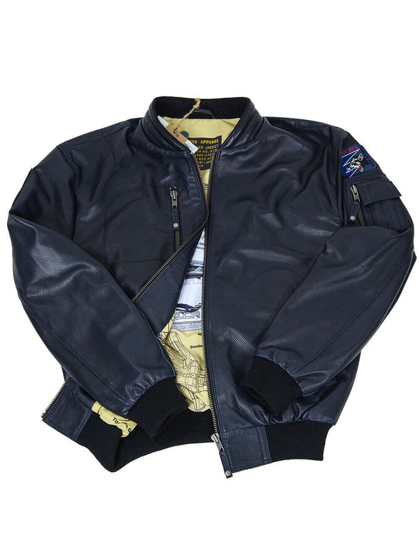 Men's dark blue jacket made of perforated leather, unbuttoned.