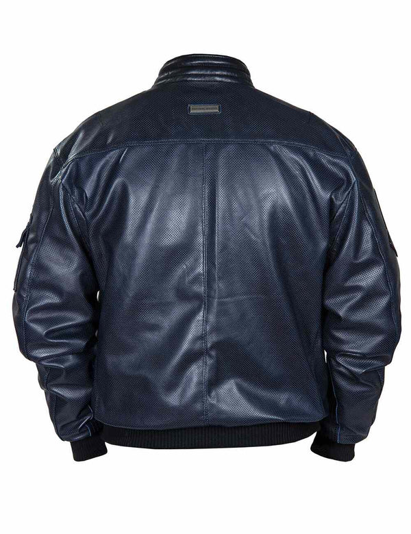 Men's dark blue jacket made of perforated leather, back view.