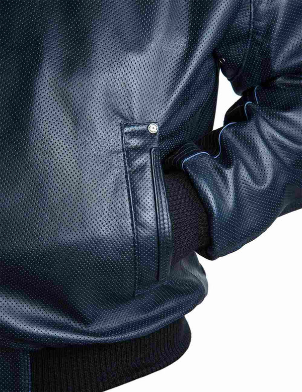 The lower left part of a men's perforated leather jacket in dark blue, the sleeve is in the pocket.