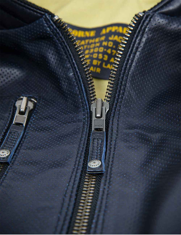 Metal zipper on a dark blue men's perforated leather jacket.