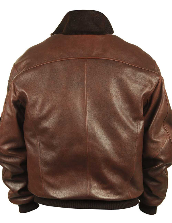 Back of men's brown leather jacket.