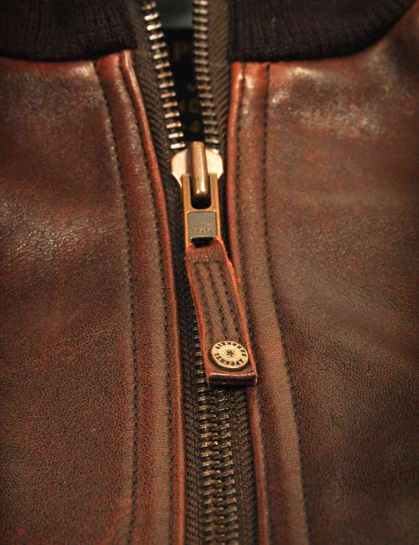 Metal zipper on brown leather jacket.