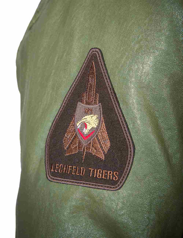Patch on the right sleeve of a men's olive leather jacket.