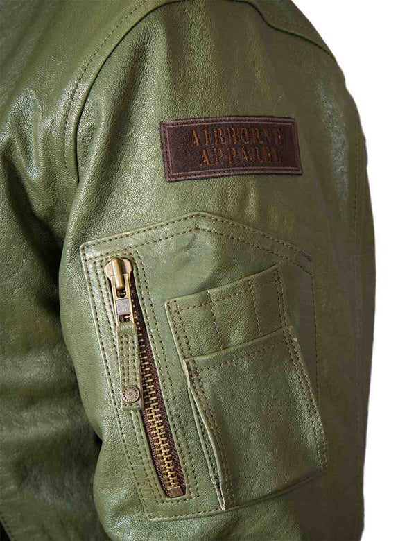 Utility pocket and patch on the sleeve of a men's olive leather jacket.