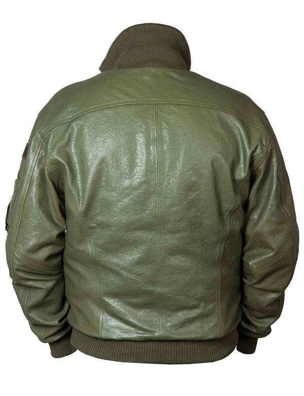Men's olive leather jacket with elastic waistband and collar, back view.