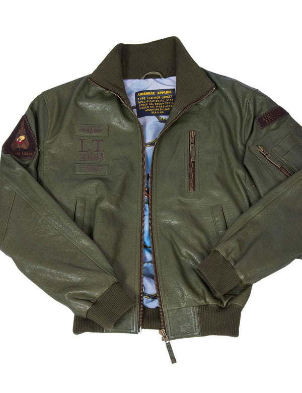 Men's leather jacket with elastic band in olive color.