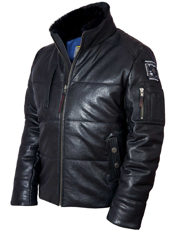 Men's black leather down jacket.