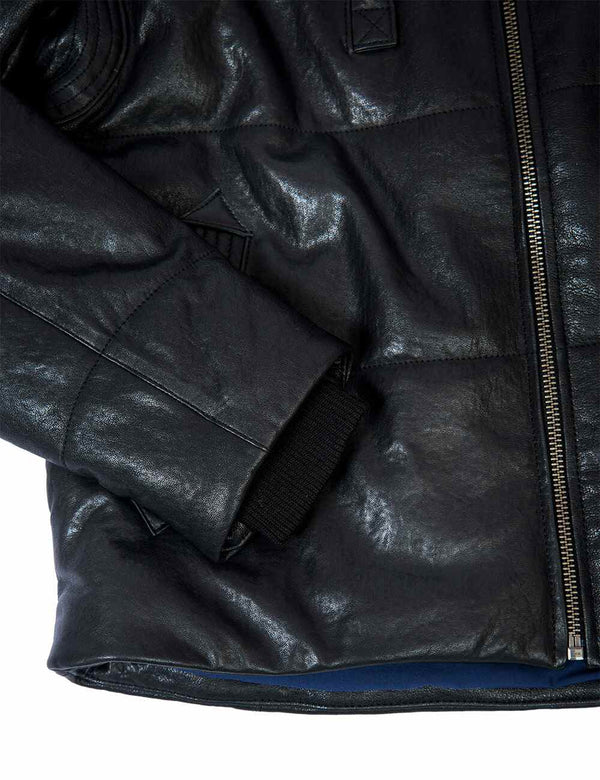 Part of a men's black leather down jacket.