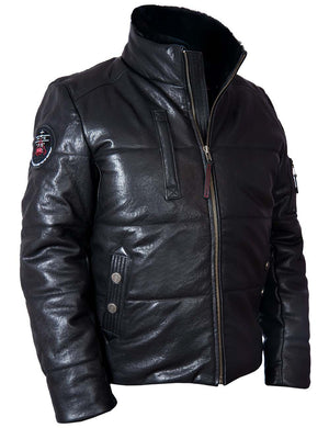 Men's black leather down jacket.