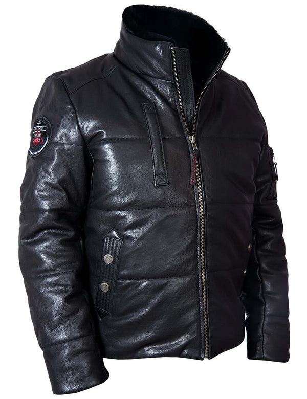 Men's black leather down jacket.