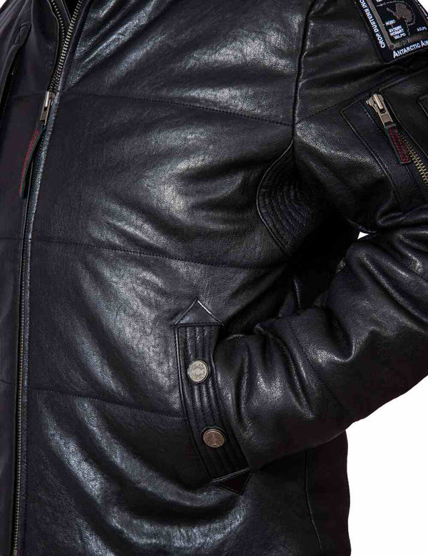Part of a men's black leather down jacket.