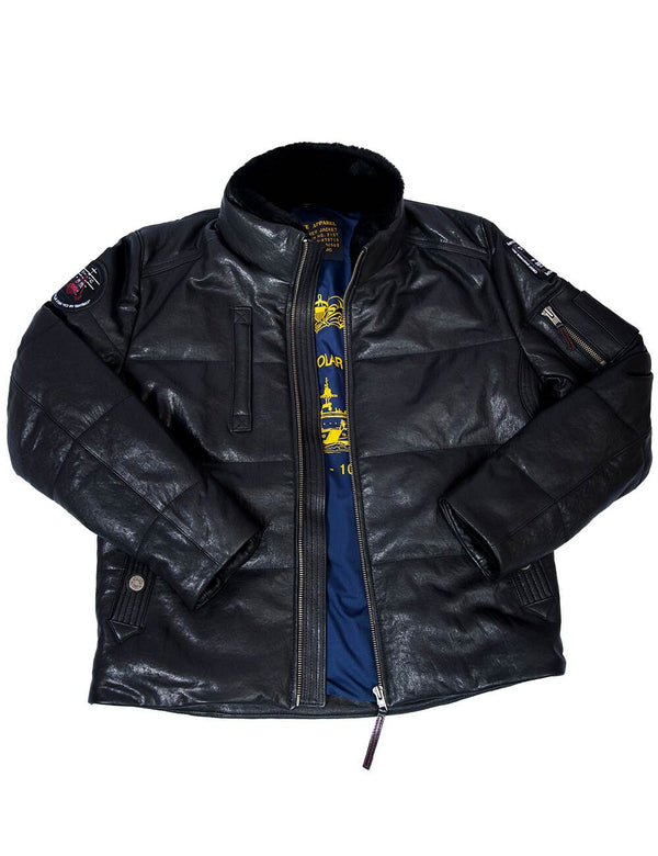 Men's black leather down jacket.