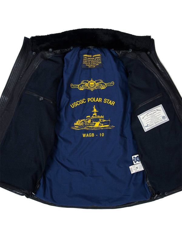 Men's black leather down jacket.