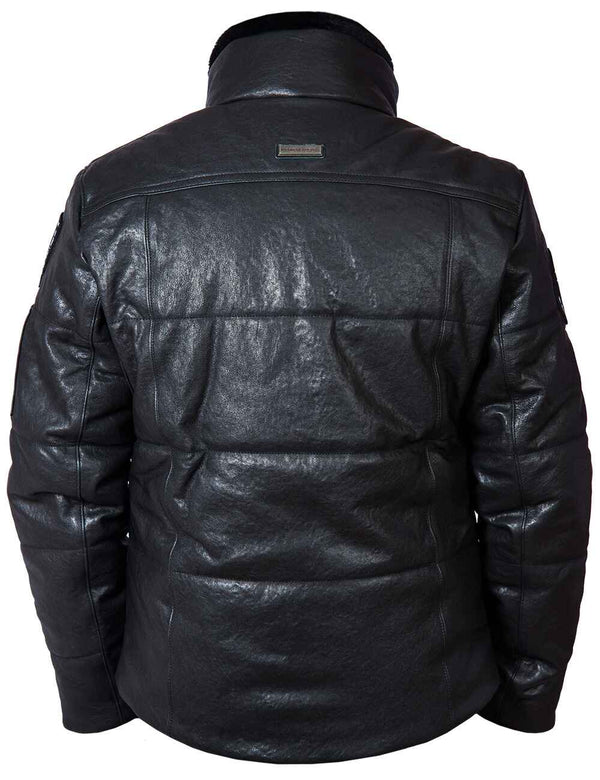 Back of a men's leather down jacket.