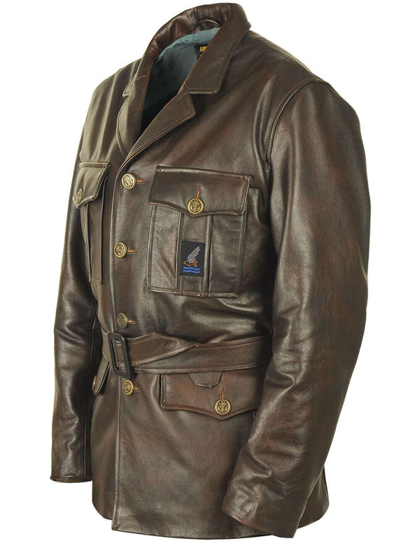 Men's brown leather coat.