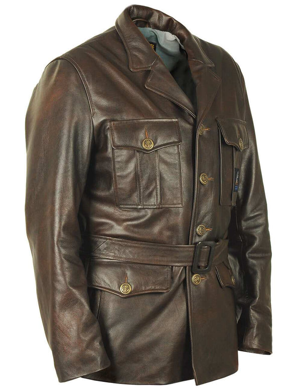 Men's brown leather coat.