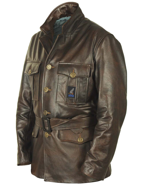 Men's brown leather coat.