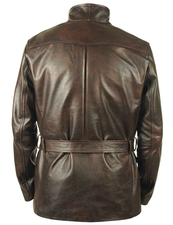 Men's brown leather coat with belt, back view.