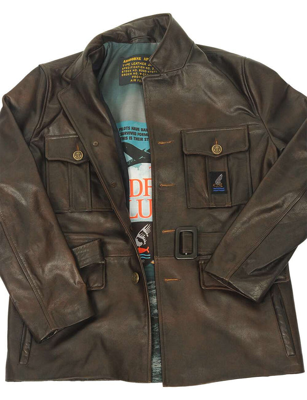 Men's brown leather coat with a belt, unbuttoned.