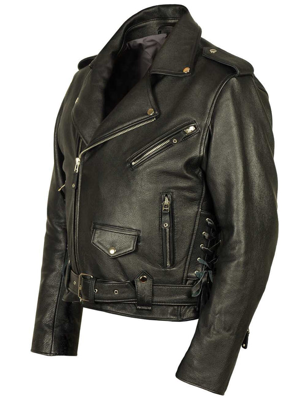 Men's black leather jacket.