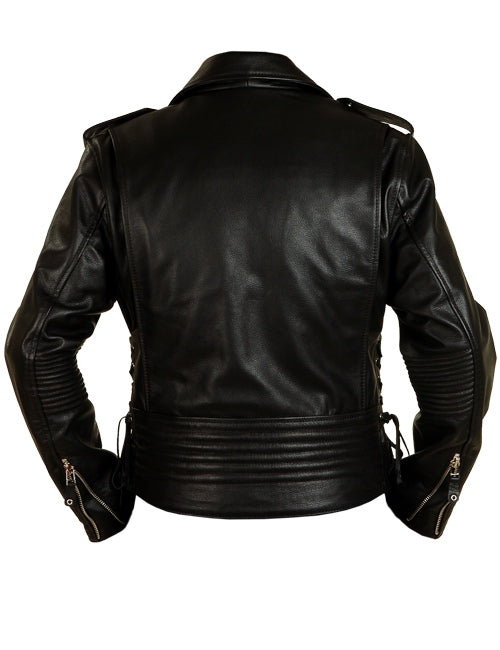 Back of a men's black leather biker jacket.