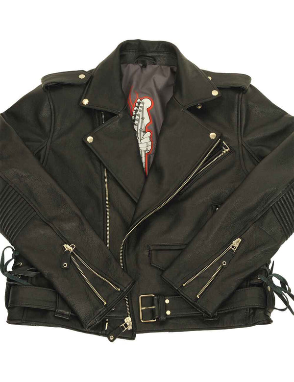 Men's black leather jacket.