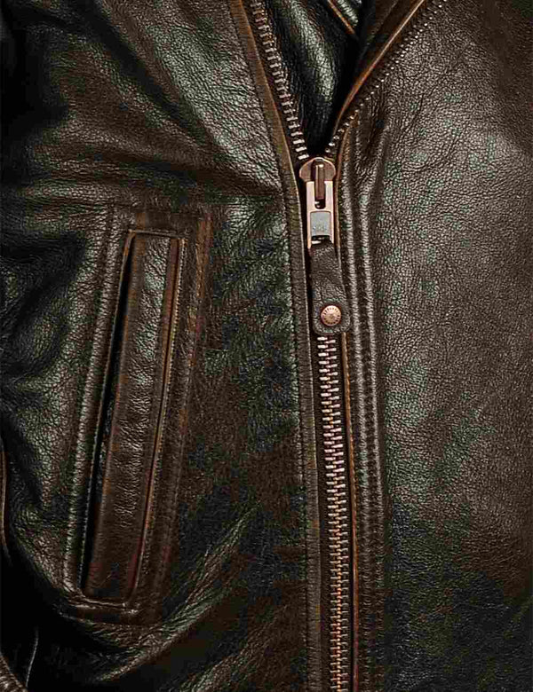 Metal zipper on men's brown leather biker jacket.