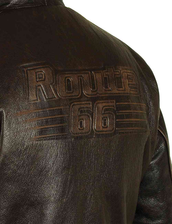 Embossing on the back of a men's brown leather biker jacket.